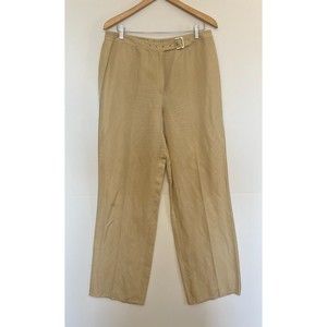 Vintage Escada Silk Linen Wide Leg Pants Nude Beige Tan Gold Buckle Size 44